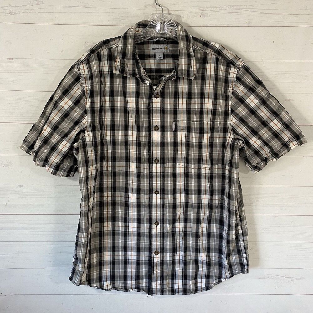 Carhartt Mens Relaxed Fit Short Sleeve Plaid Button Front Shirt Sz L Black/Gray